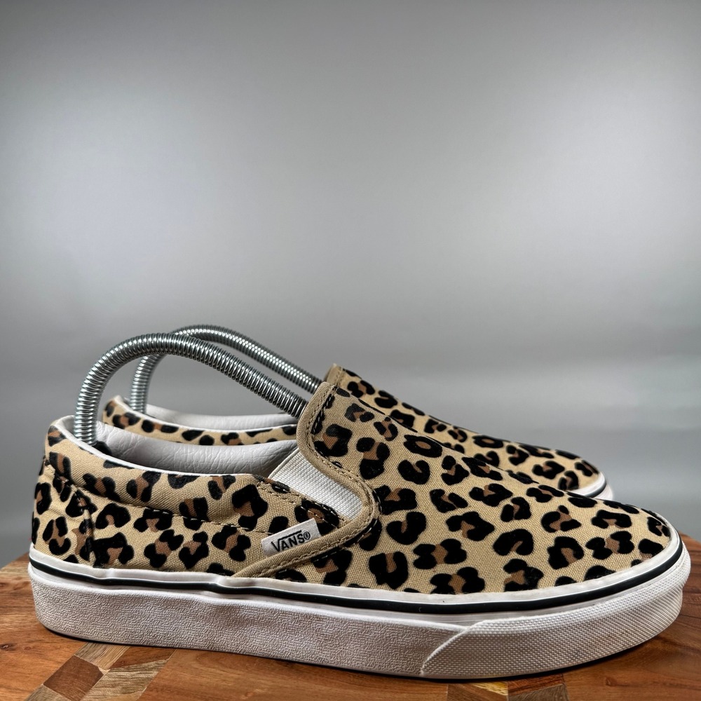 Vans Classic Slip-On Leopard Print Tan Black Canvas Sneakers Womens 9 Mens 7.5